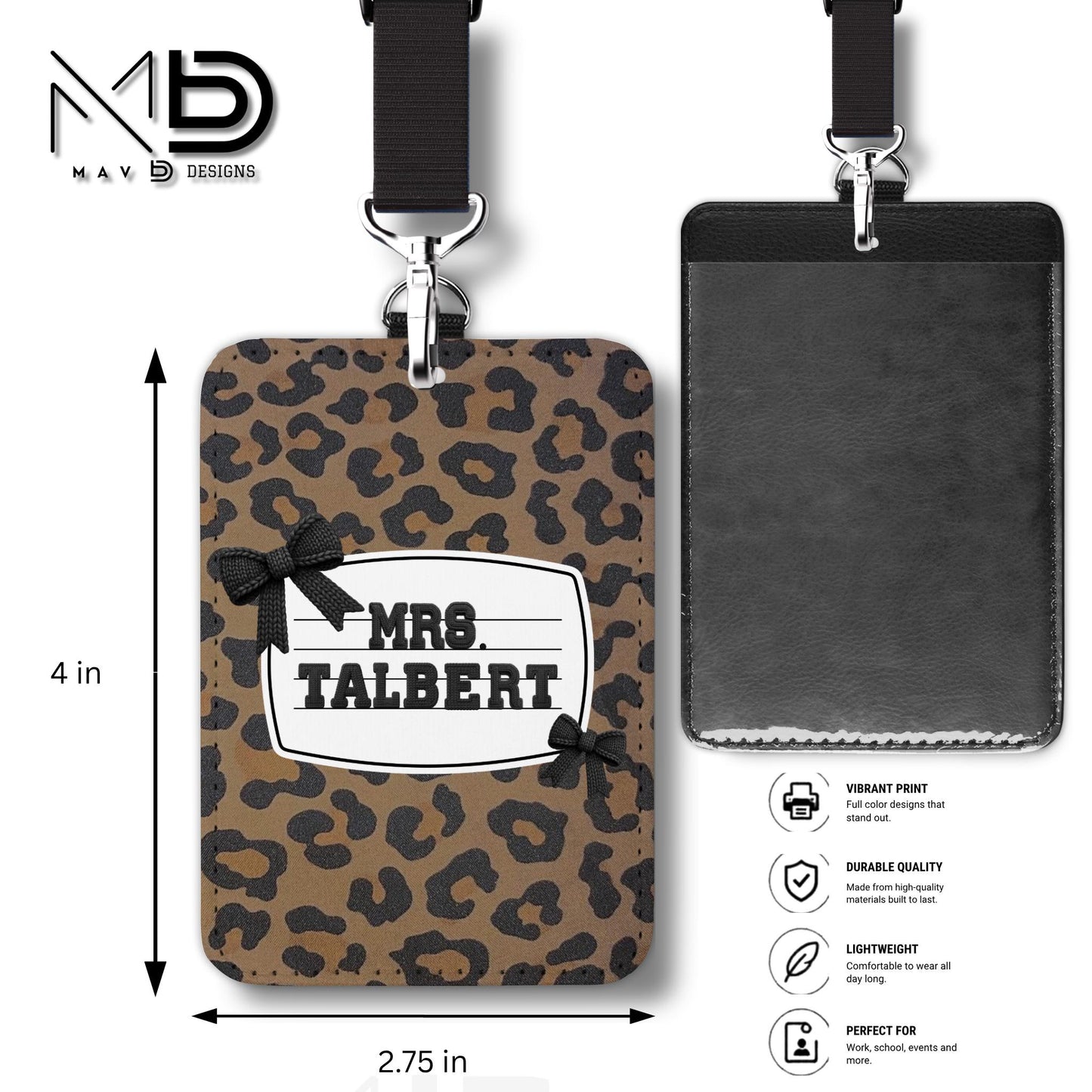 Personalized ID Badge Holder | Leopard Bow Nameplate | Black Knit Name | Custom Name