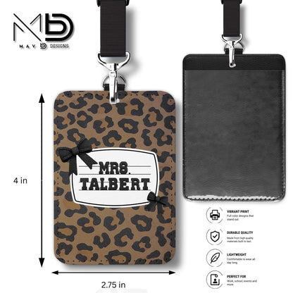Personalized ID Badge Holder | Leopard Bow Nameplate | Black Knit Name | Custom Name