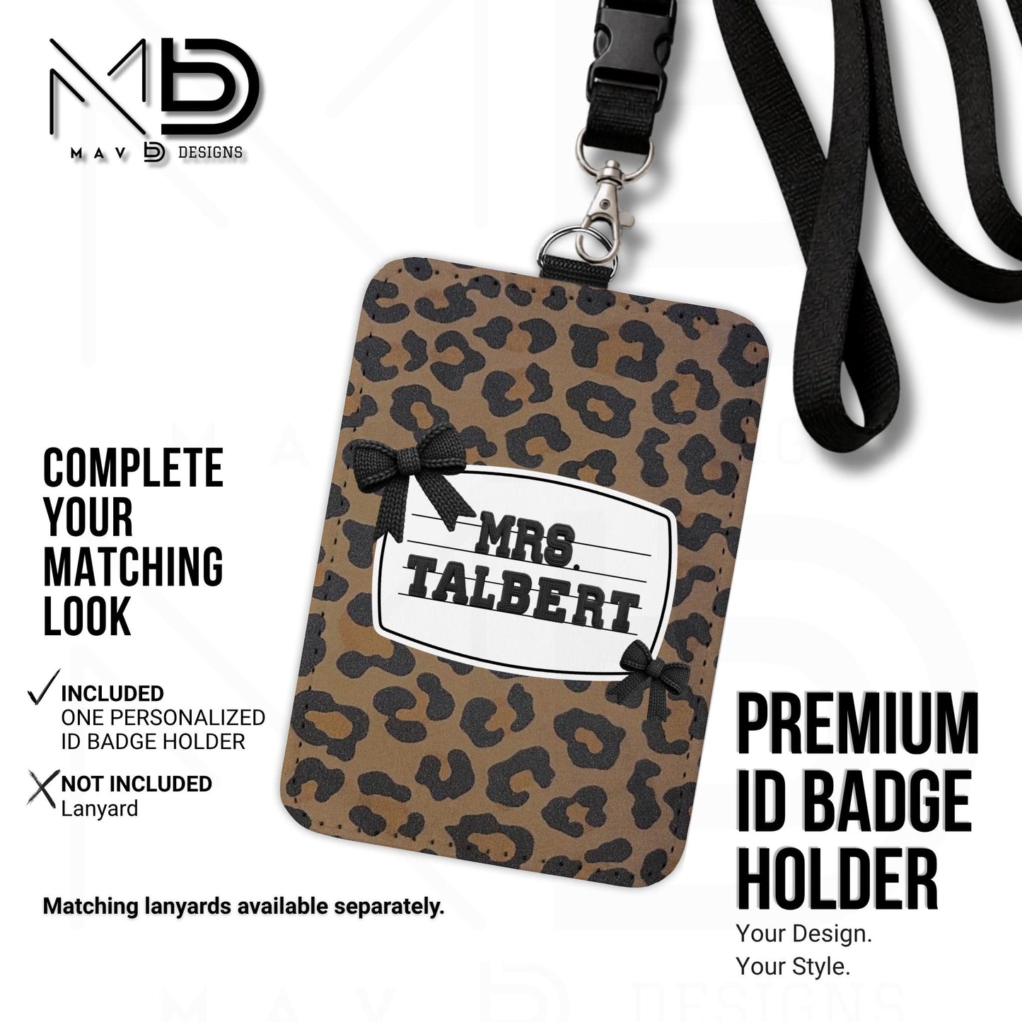 Personalized ID Badge Holder | Leopard Bow Nameplate | Black Knit Name | Custom Name