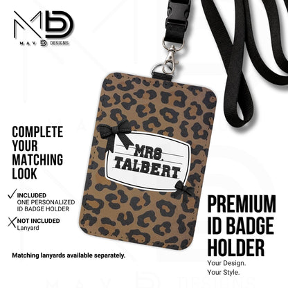 Personalized ID Badge Holder | Leopard Bow Nameplate | Black Knit Name | Custom Name