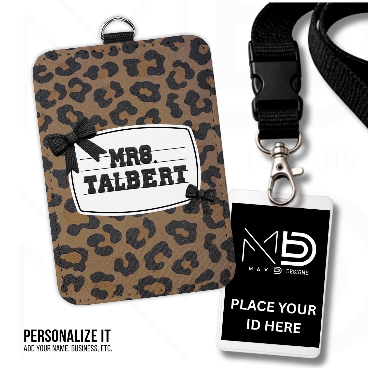 Personalized ID Badge Holder | Leopard Bow Nameplate | Black Knit Name | Custom Name