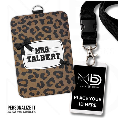 Personalized ID Badge Holder | Leopard Bow Nameplate | Black Knit Name | Custom Name