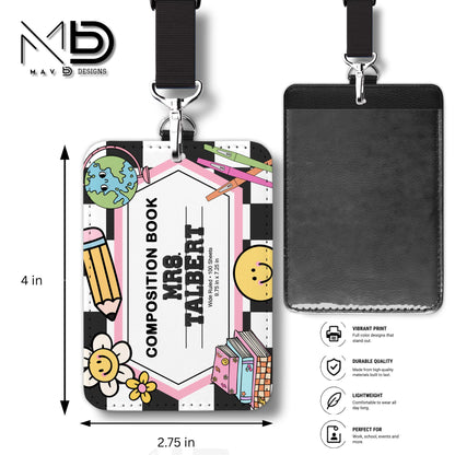 Personalized ID Badge Holder | Retro Groovy Composition Nameplate | Custom Name