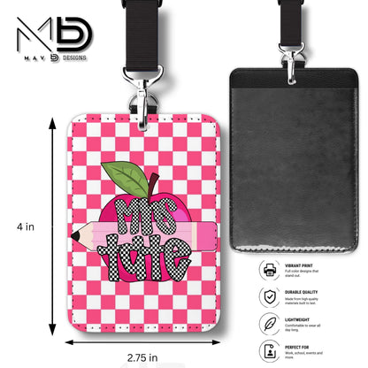 Personalized ID Badge Holder | Hot Pink Checkered Pink Apple Pencil | Checkered Name | Vertical