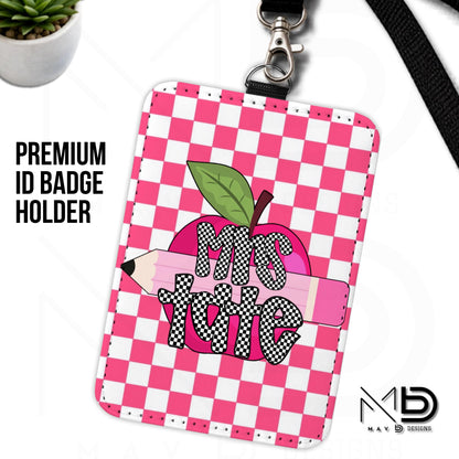 Personalized ID Badge Holder | Hot Pink Checkered Pink Apple Pencil | Checkered Name | Vertical