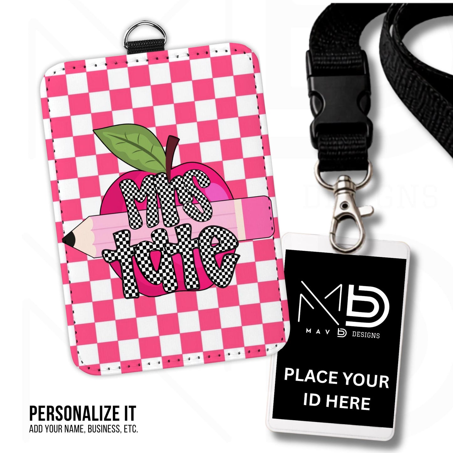 Personalized ID Badge Holder | Hot Pink Checkered Pink Apple Pencil | Checkered Name | Vertical