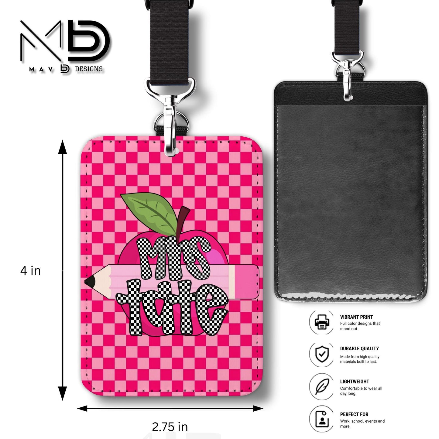 Personalized ID Badge Holder | Dual Hot Pink Checkered Pink Apple Pencil | Checkered Name | Vertical