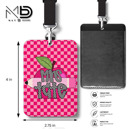 Personalized ID Badge Holder | Dual Hot Pink Checkered Pink Apple Pencil | Checkered Name | Vertical