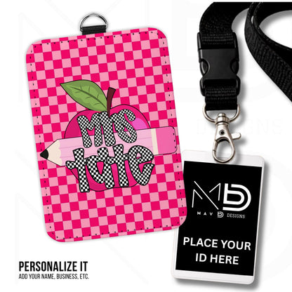 Personalized ID Badge Holder | Dual Hot Pink Checkered Pink Apple Pencil | Checkered Name | Vertical