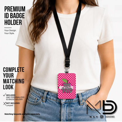 Personalized ID Badge Holder | Dual Hot Pink Checkered Pink Apple Pencil | Checkered Name | Vertical
