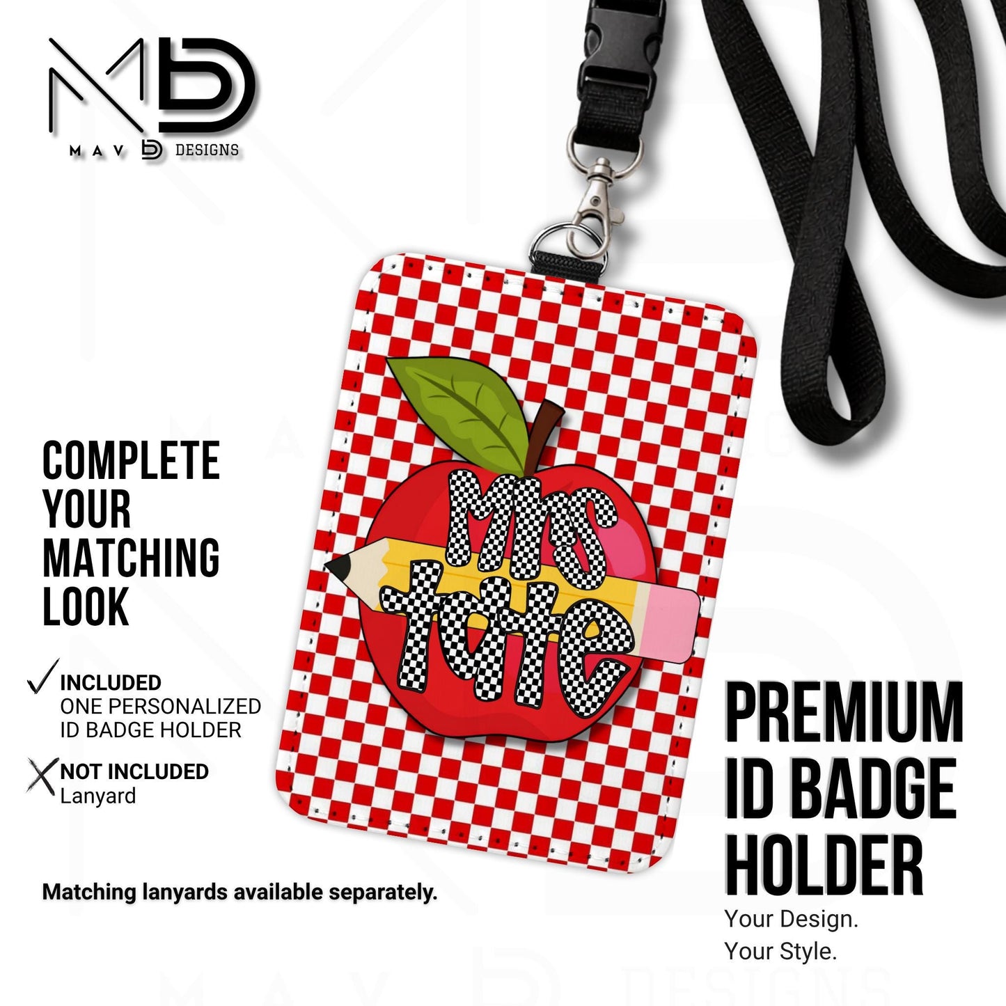Personalized ID Badge Holder | Red Checkered Red Apple Pencil | Checkered Name | Vertical