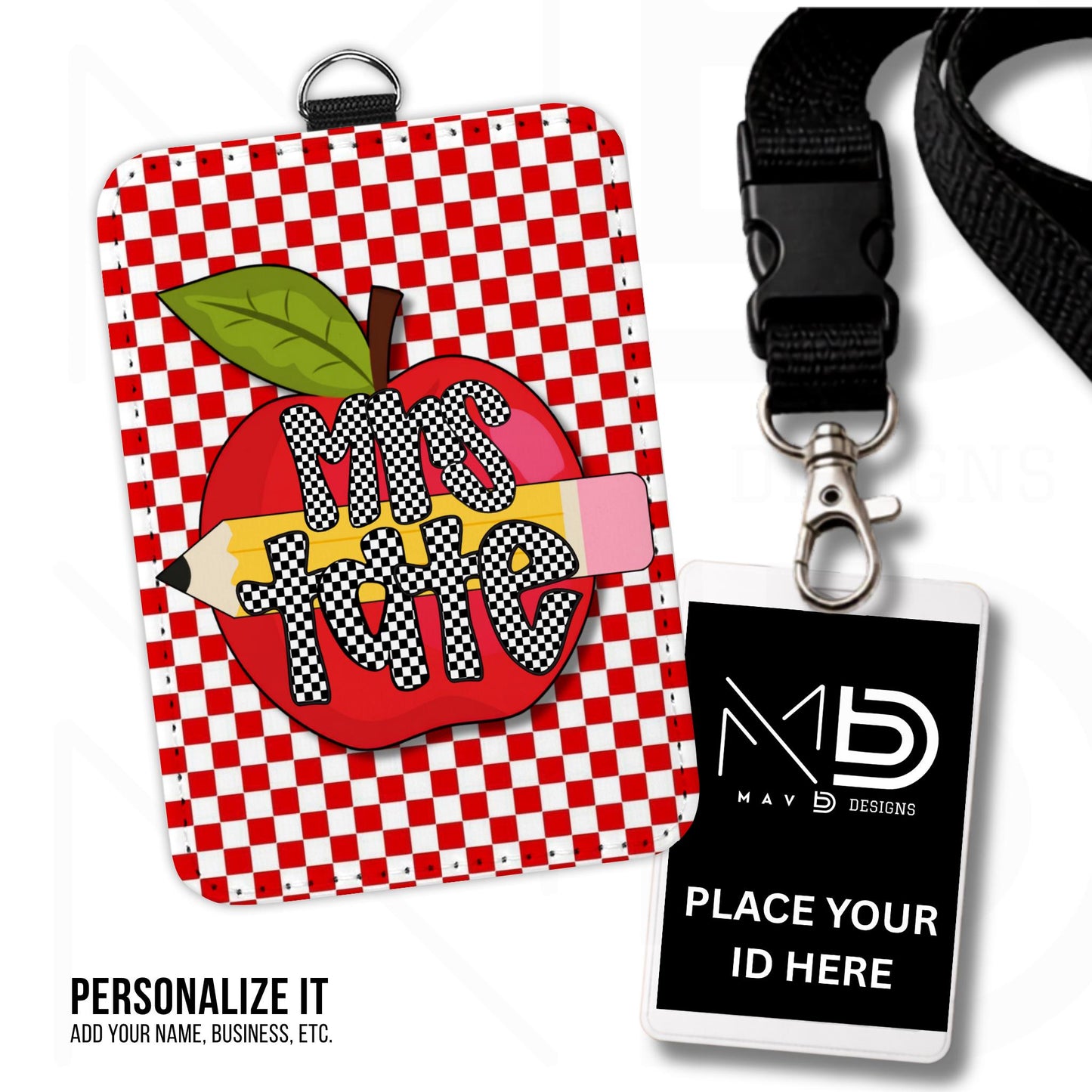 Personalized ID Badge Holder | Red Checkered Red Apple Pencil | Checkered Name | Vertical
