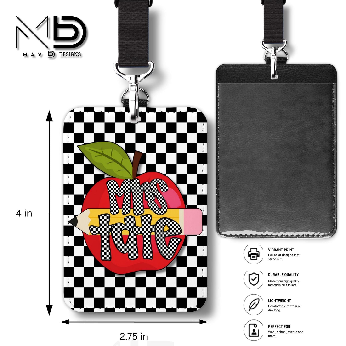 Personalized ID Badge Holder | Black Checkered Red Apple Pencil | Checkered Name