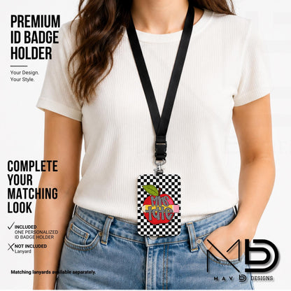 Personalized ID Badge Holder | Black Checkered Red Apple Pencil | Checkered Name