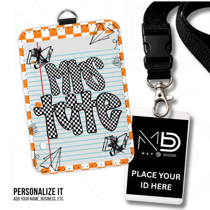Personalized ID Badge Holder | Orange Checkered Doodle • Paper | Checkered Name