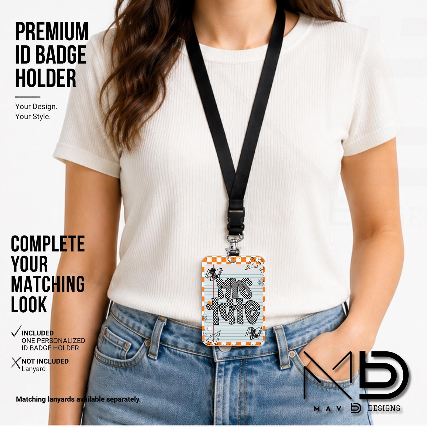 Personalized ID Badge Holder | Orange Checkered Doodle • Paper | Checkered Name