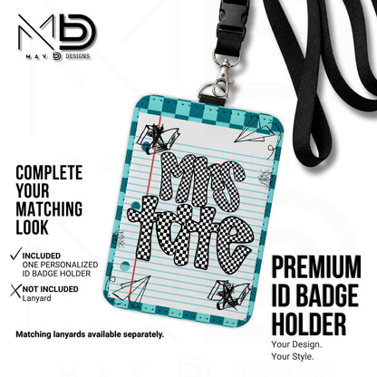 Personalized ID Badge Holder | Dual Teal Checkered Doodle • Paper | Checkered Name