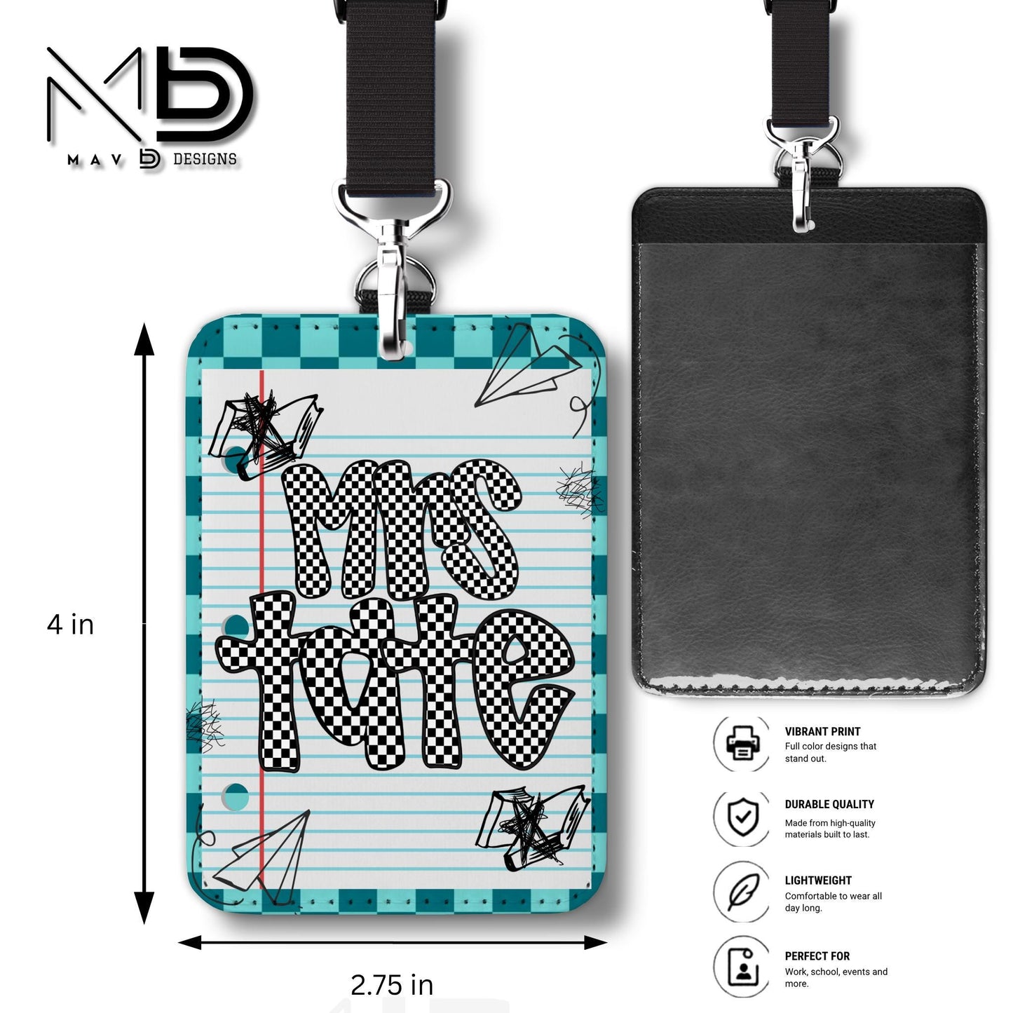 Personalized ID Badge Holder | Dual Teal Checkered Doodle • Paper | Checkered Name