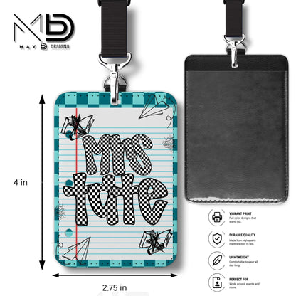 Personalized ID Badge Holder | Dual Teal Checkered Doodle • Paper | Checkered Name