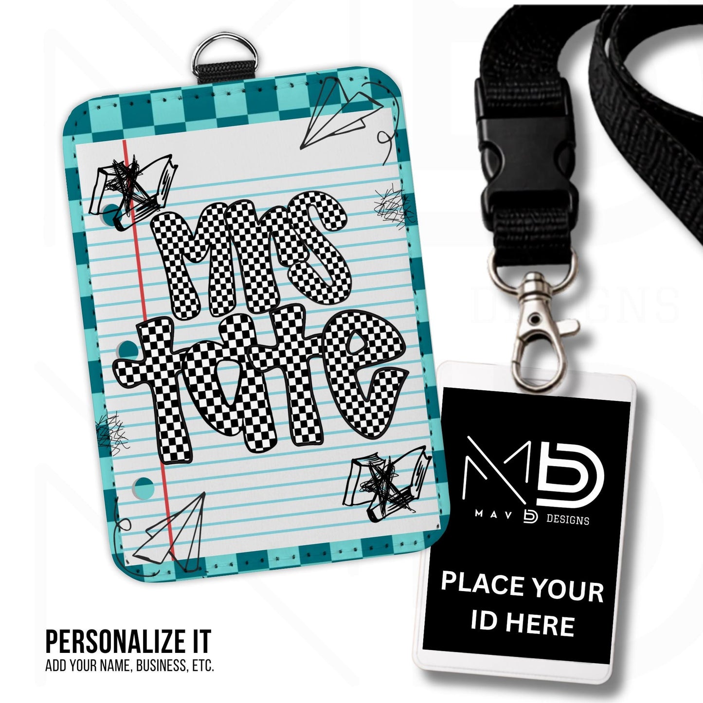 Personalized ID Badge Holder | Dual Teal Checkered Doodle • Paper | Checkered Name