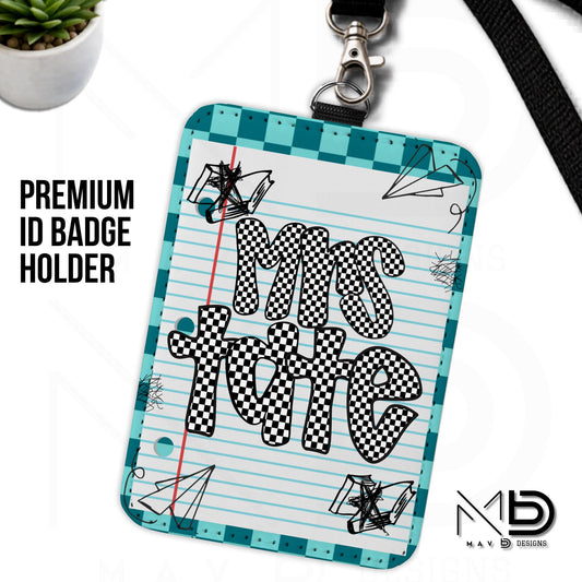 Personalized ID Badge Holder | Dual Teal Checkered Doodle • Paper | Checkered Name