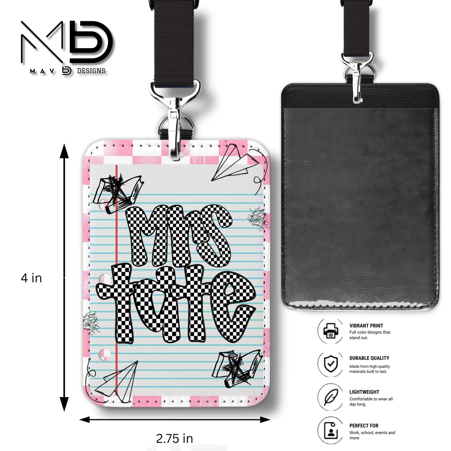 Personalized ID Badge Holder | Light Pink Checkered Doodle • Paper | Checkered Name