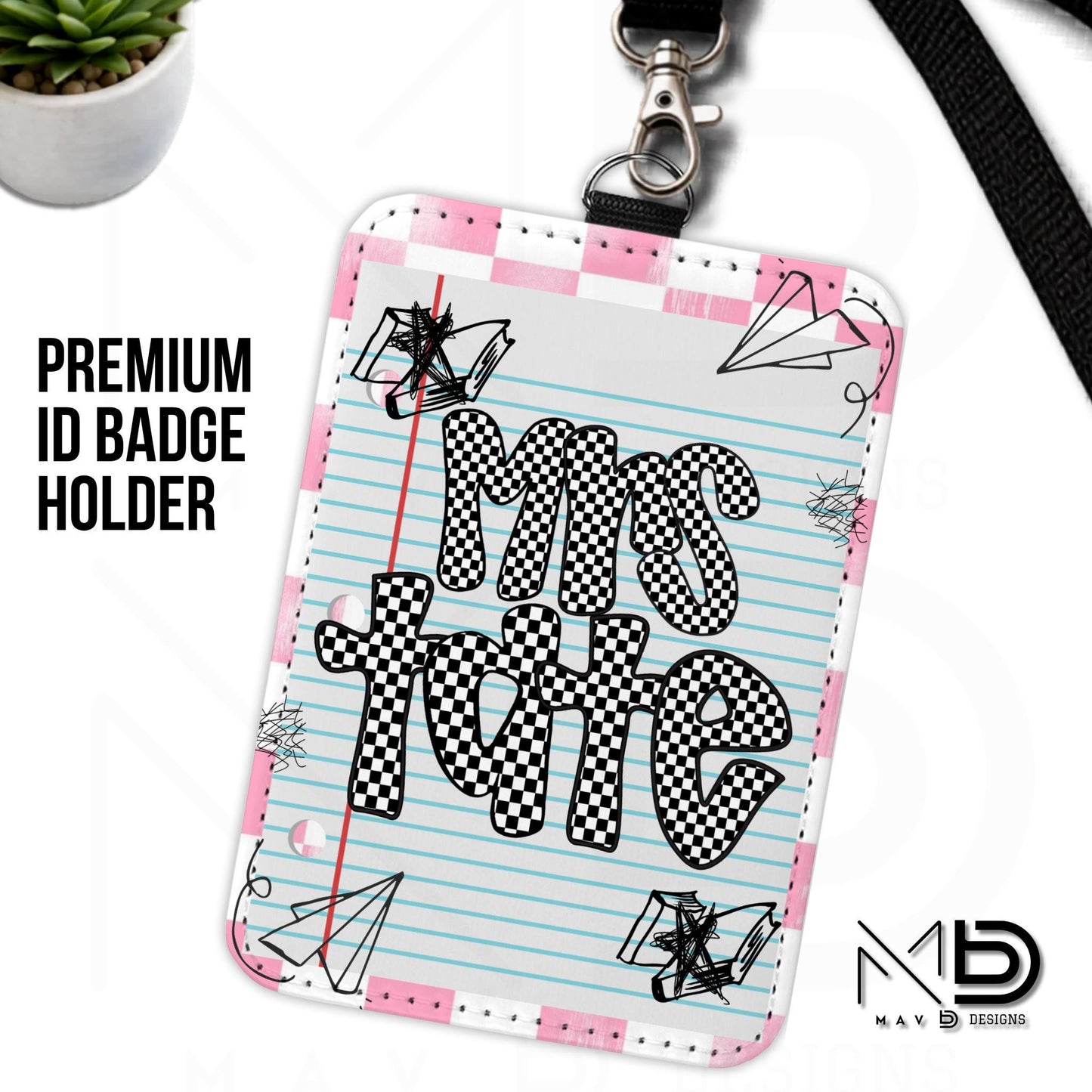 Personalized ID Badge Holder | Light Pink Checkered Doodle • Paper | Checkered Name