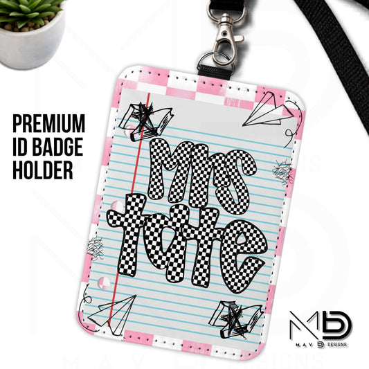 Personalized ID Badge Holder | Light Pink Checkered Doodle • Paper | Checkered Name