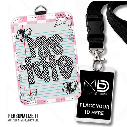 Personalized ID Badge Holder | Light Pink Checkered Doodle • Paper | Checkered Name