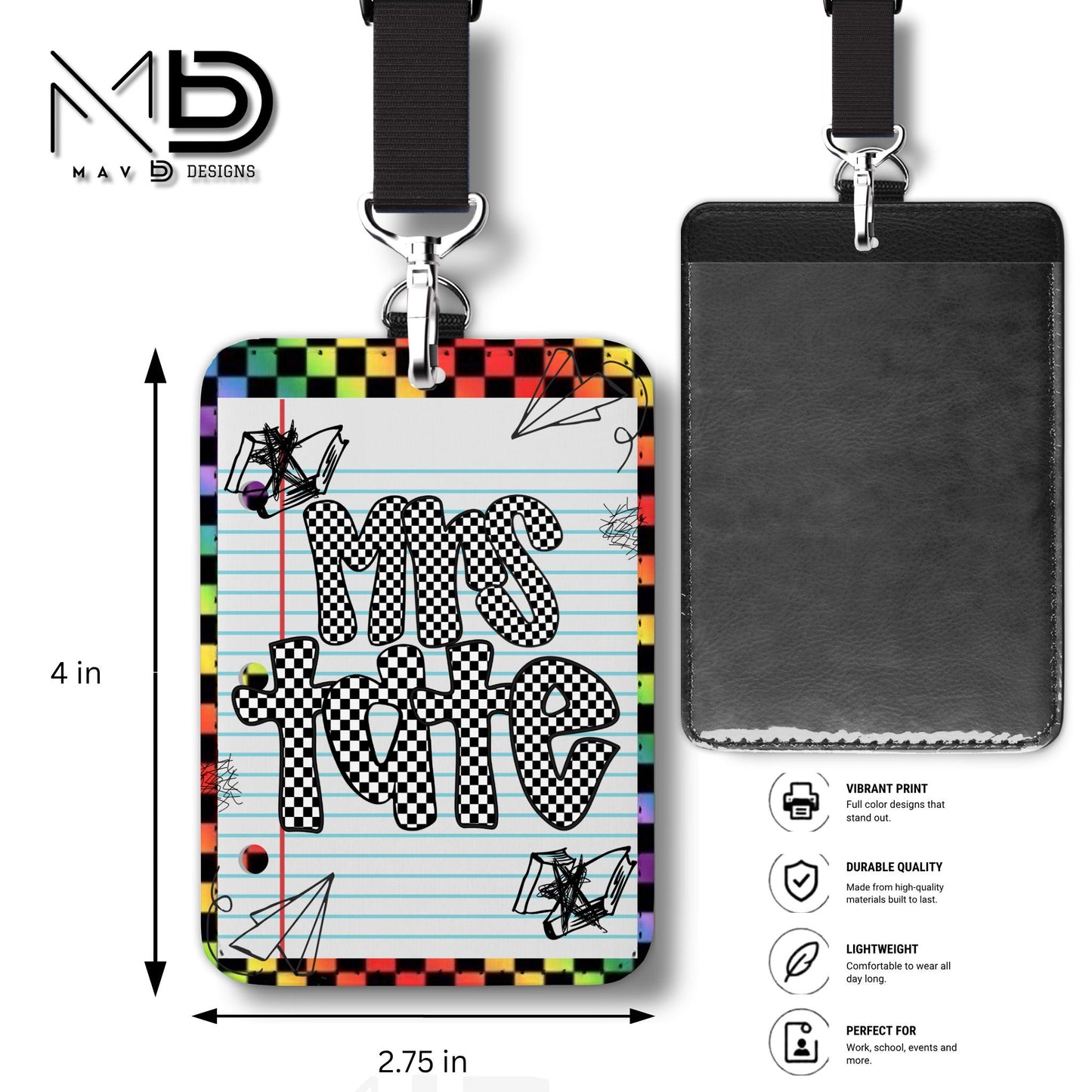 Personalized ID Badge Holder | Rainbow Checkered Doodle • Paper | Checkered Name