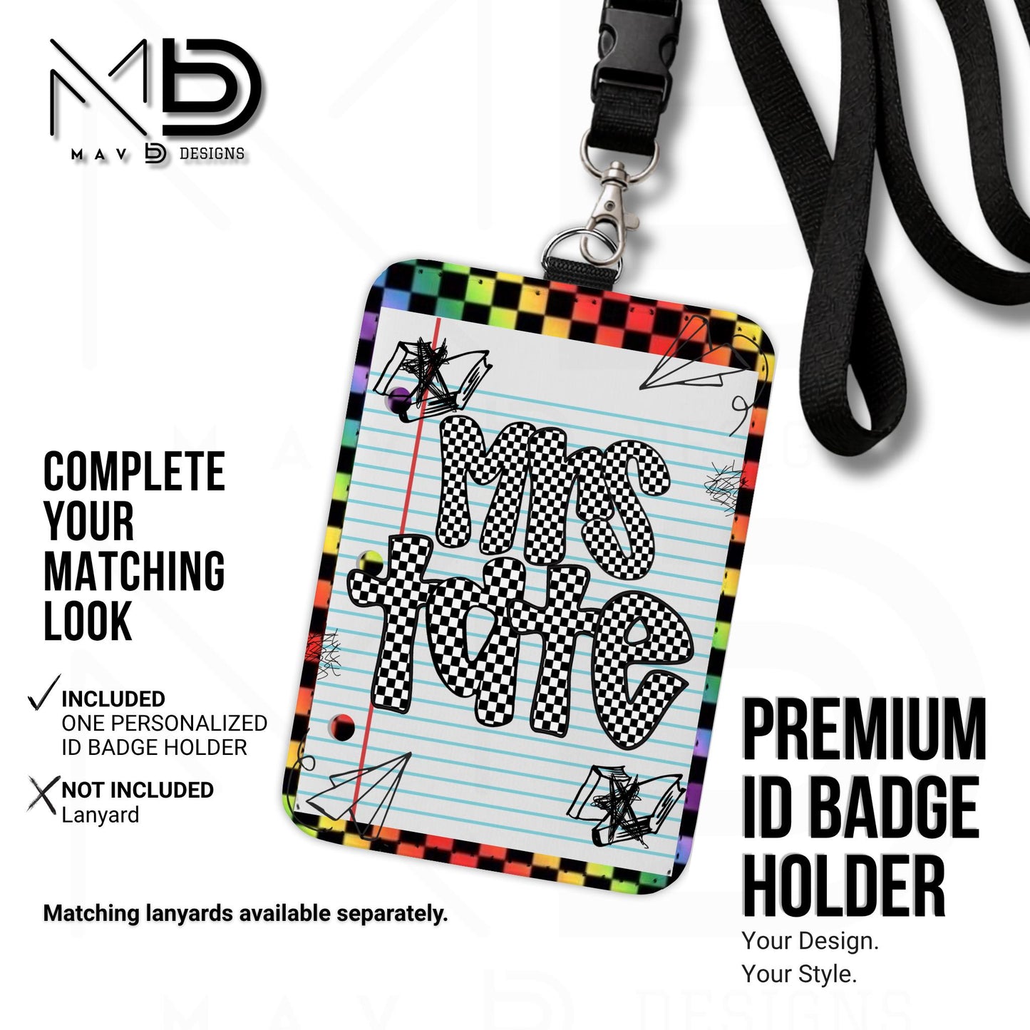 Personalized ID Badge Holder | Rainbow Checkered Doodle • Paper | Checkered Name