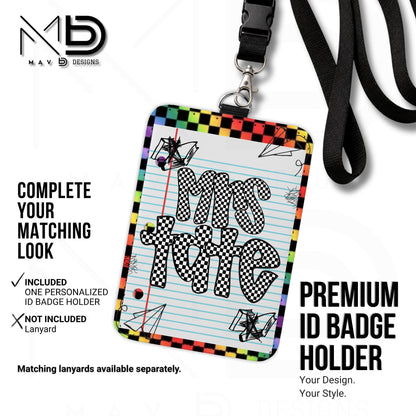 Personalized ID Badge Holder | Rainbow Checkered Doodle • Paper | Checkered Name