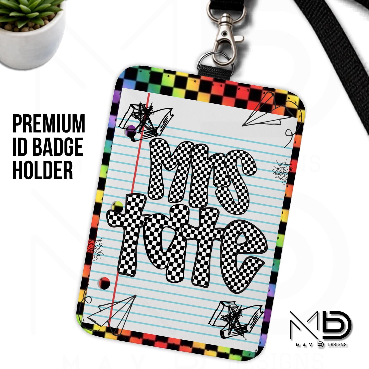 Personalized ID Badge Holder | Rainbow Checkered Doodle • Paper | Checkered Name