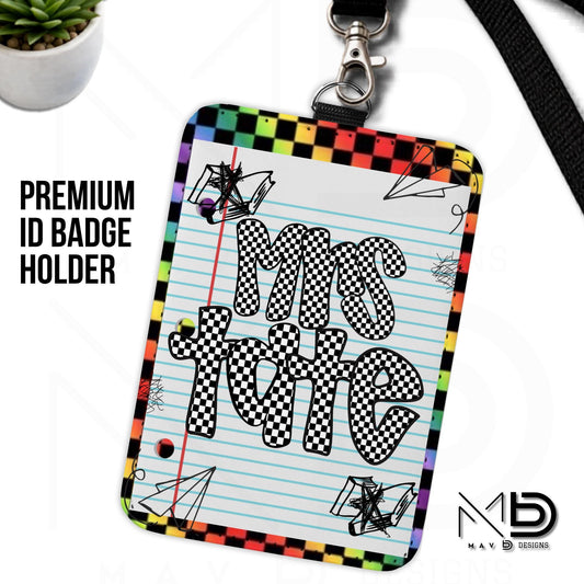 Personalized ID Badge Holder | Rainbow Checkered Doodle • Paper | Checkered Name