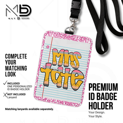 Personalized ID Badge Holder | Pink Composition • Paper • Retro Pencil Name