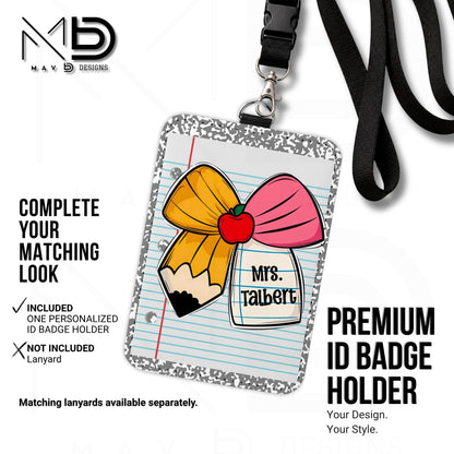 Personalized ID Badge Holder | Cutie Bow • Grey Composition • Paper | Custom Name