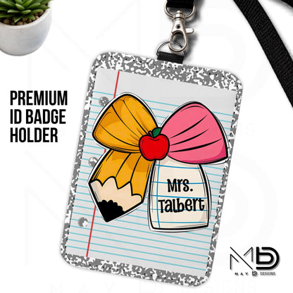 Personalized ID Badge Holder | Cutie Bow • Grey Composition • Paper | Custom Name