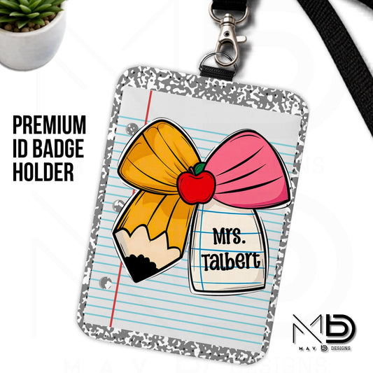 Personalized ID Badge Holder | Cutie Bow • Grey Composition • Paper | Custom Name
