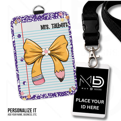 Personalized ID Badge Holder | Purple Composition • Paper • Pencil Bow | Custom Name
