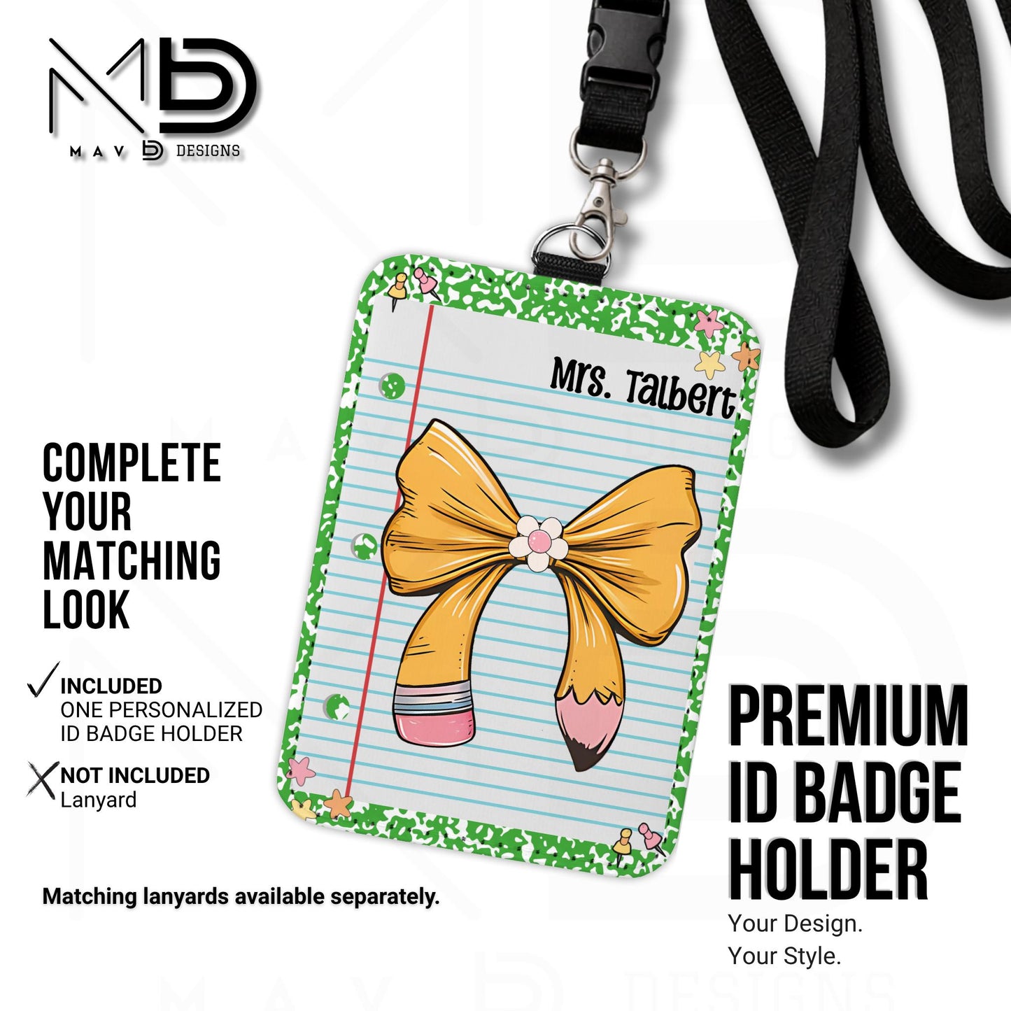 Personalized ID Badge Holder | Green Composition • Paper • Pencil Bow | Custom Name