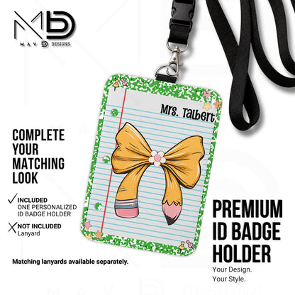 Personalized ID Badge Holder | Green Composition • Paper • Pencil Bow | Custom Name