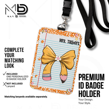 Personalized ID Badge Holder | Orange Composition • Paper • Pencil Bow | Custom Name