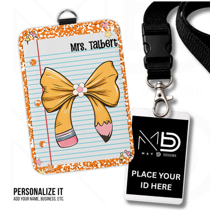 Personalized ID Badge Holder | Orange Composition • Paper • Pencil Bow | Custom Name
