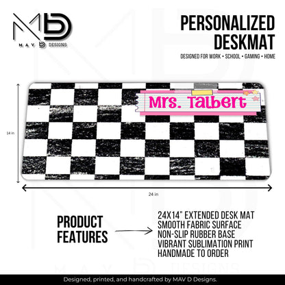 Personalized Deskmat | Distressed Checkered Print | Pink Post It Washi Tape | Custom Name