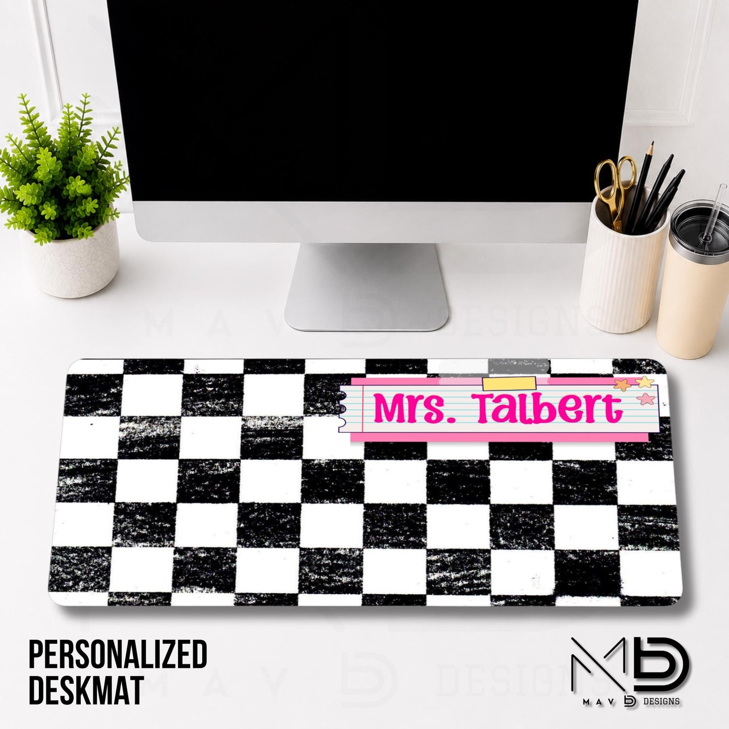 Personalized Deskmat | Distressed Checkered Print | Pink Post It Washi Tape | Custom Name