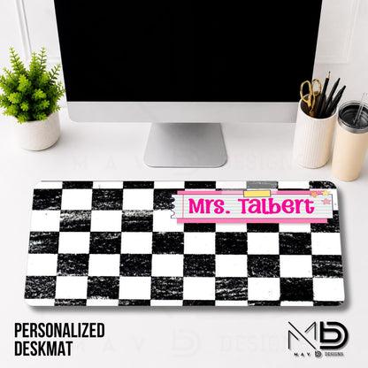 Personalized Deskmat | Distressed Checkered Print | Pink Post It Washi Tape | Custom Name