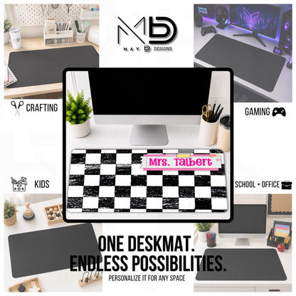 Personalized Deskmat | Distressed Checkered Print | Pink Post It Washi Tape | Custom Name