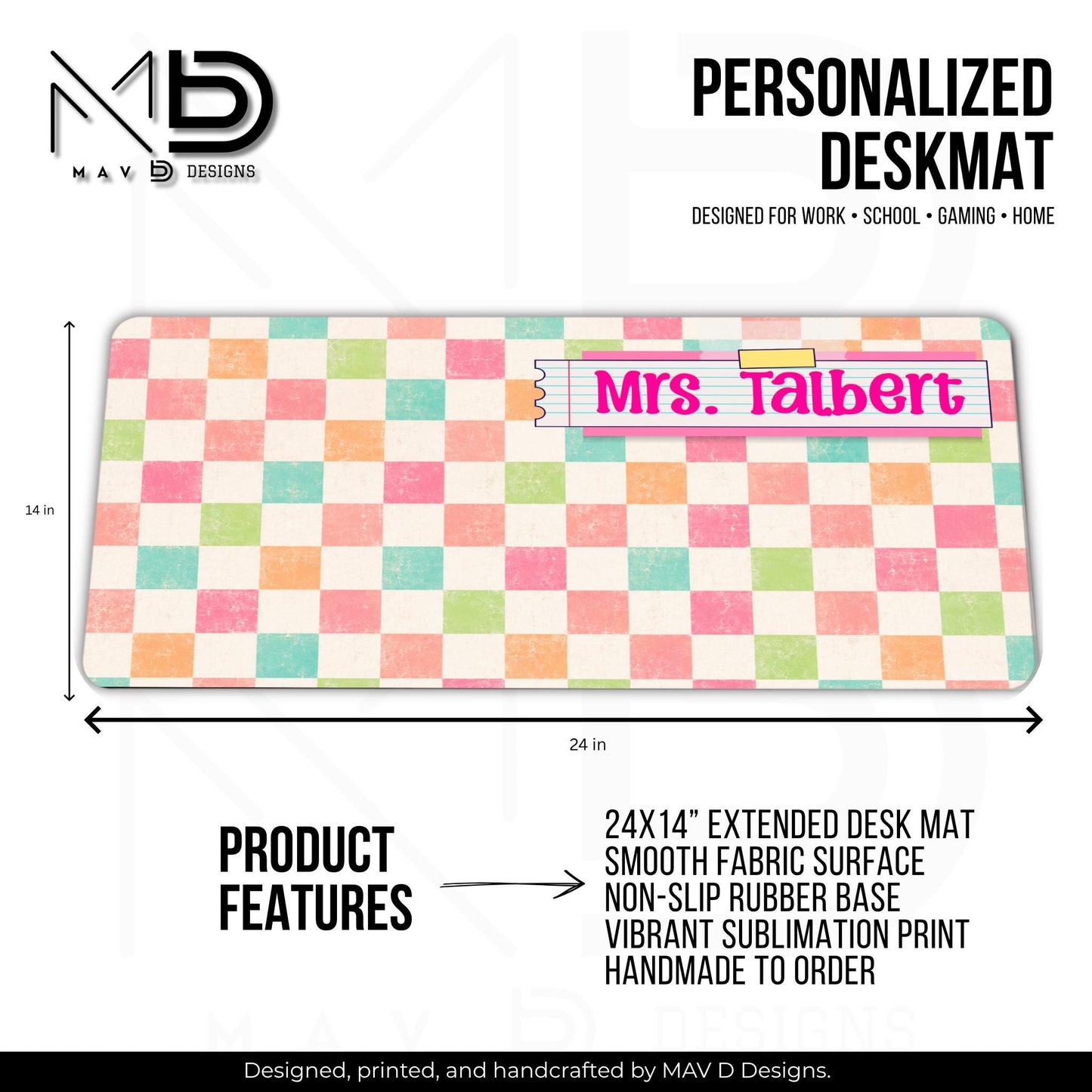 Personalized Deskmat | Distressed Pastel Checkered | Pink Post It Washi Tape | Custom Name