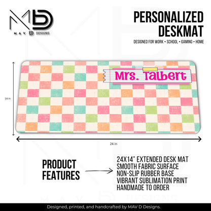 Personalized Deskmat | Distressed Pastel Checkered | Pink Post It Washi Tape | Custom Name