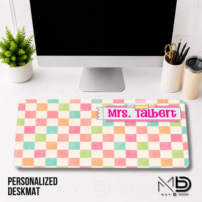 Personalized Deskmat | Distressed Pastel Checkered | Pink Post It Washi Tape | Custom Name